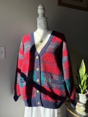 Vintage Plaid Mohair Wool Cardigan